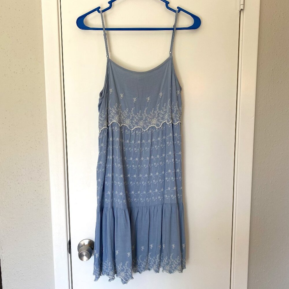 American Eagle Light Blue Baby Doll Dress with Floral Embroidery
